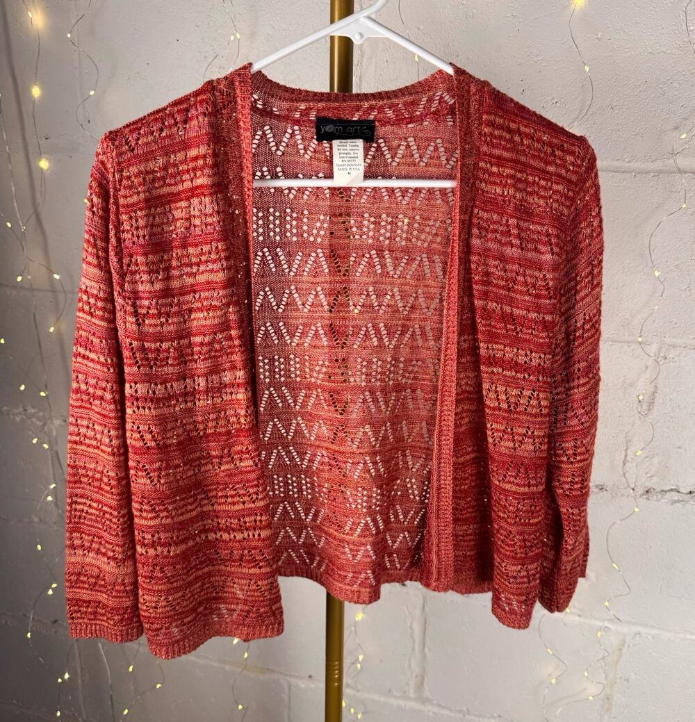 yom arts women's M coral open knit crochet cardigan lightweight made in USA